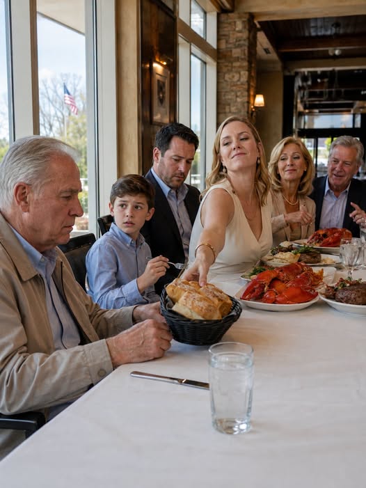 At my son’s birthday dinner in Richmond, his wife served $300 lobster to everyone but me, slid over a bread basket, and said food like that was wasted on a 72-year-old—so I smiled, said “Noted,” and went home to open the bank envelope they never expected me to see