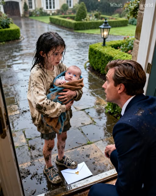 A seven-year-old girl knocked on a billionaire's front door carrying a newborn she had found inside a trash bag behind his estate. When the baby opened his eyes and the businessman recognized the same piercing gray-blue stare, a sealed envelope exposed a secret that had been hidden from him for more than a decade.