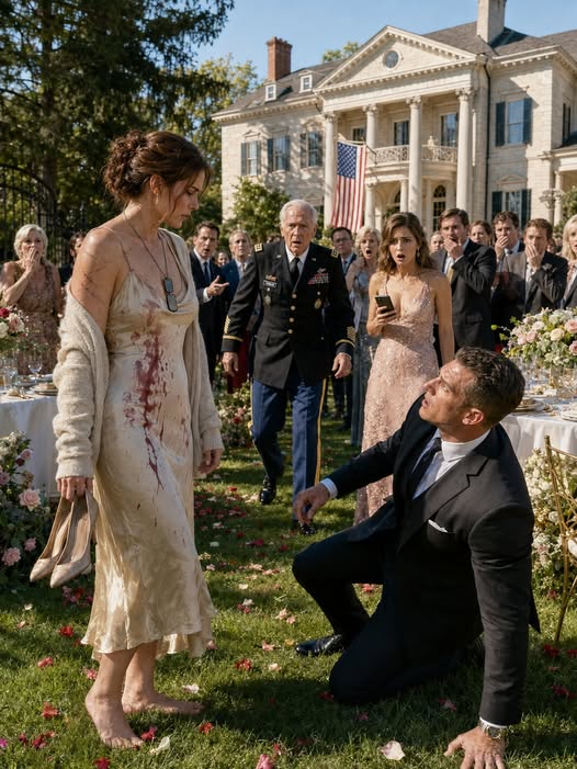 At my sister’s Virginia engagement party, her fiancé threw wine across my dress and told me women belonged in the kitchen while my own family laughed. I quietly slipped off my heels and stepped onto the grass—unaware that the retired Army surgeon near the catering tent had just recognized the scorched identification tags beneath my torn collar.
