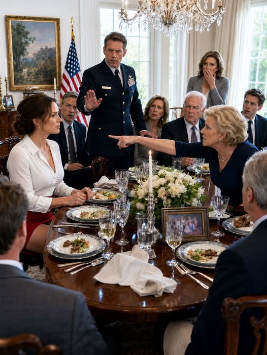 “Oh, please, Rowan—stop sitting there like your little Navy desk job deserves respect,” Maribel sneered, pointing across the table while everyone watched. “Twenty years answering phones, filing paperwork, and hiding behind men who actually did something important, and you still expect this family to pretend you matter? Stellan risked his life for this country while you collected a paycheck behind a desk, so do everyone a favor and stay quiet before you embarrass yourself trying to sound important in a room full of people who actually earned their place.”