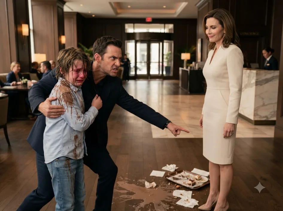 A Wealthy Guest Poured Chocolate Milk Over My Seven-Year-Old Son and Ordered Him to Clean Her Shoes—Then She Told Me She’d Own My Hotel by Morning.