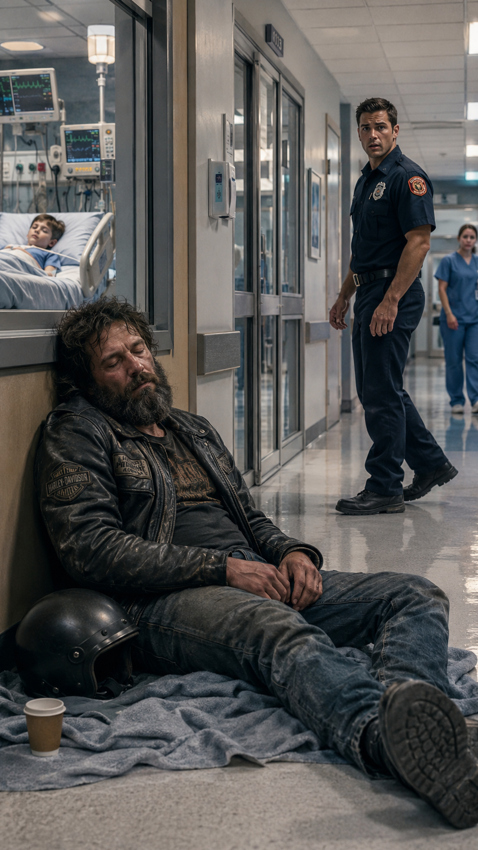 They thought he was just a rough biker sleeping on the ICU floor… until the firefighter stopped and recognized the man who once saved his sister