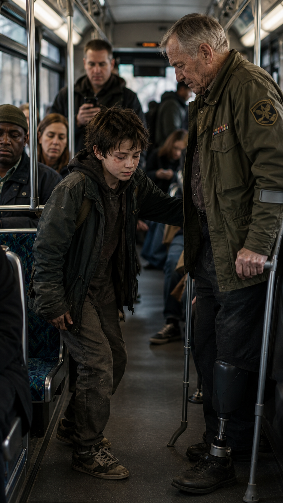 “The boy gave his seat to the one-legged veteran… then collapsed from hunger.”