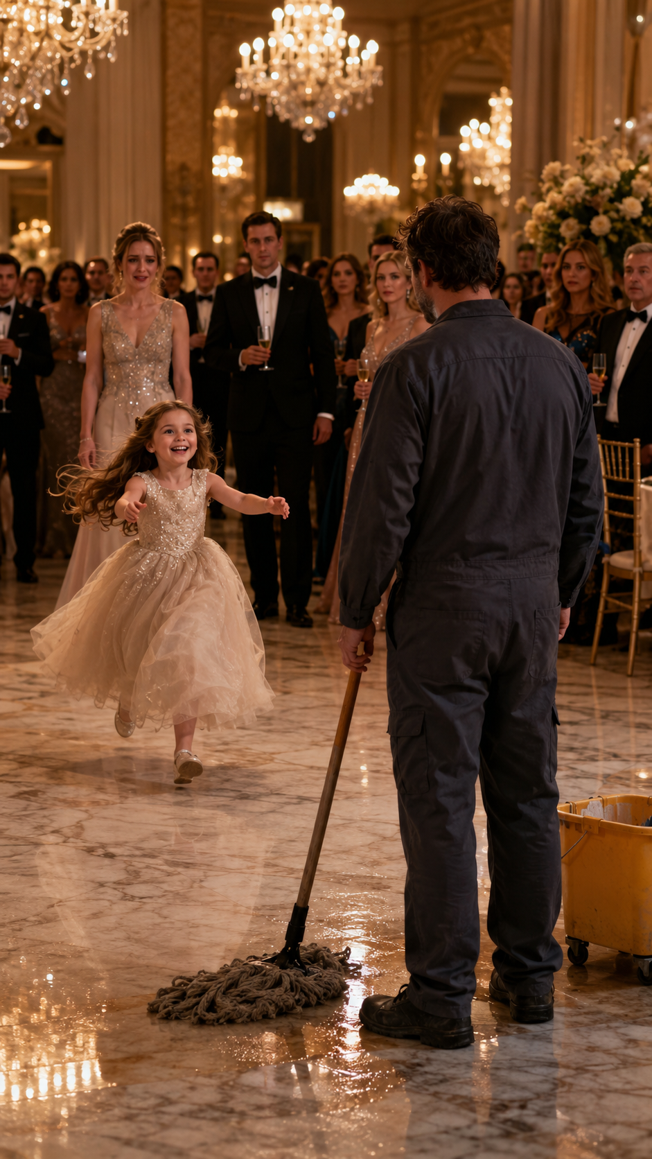 "The little girl in the ballgown ran past three hundred guests — and stopped at the janitor mopping the floor."
