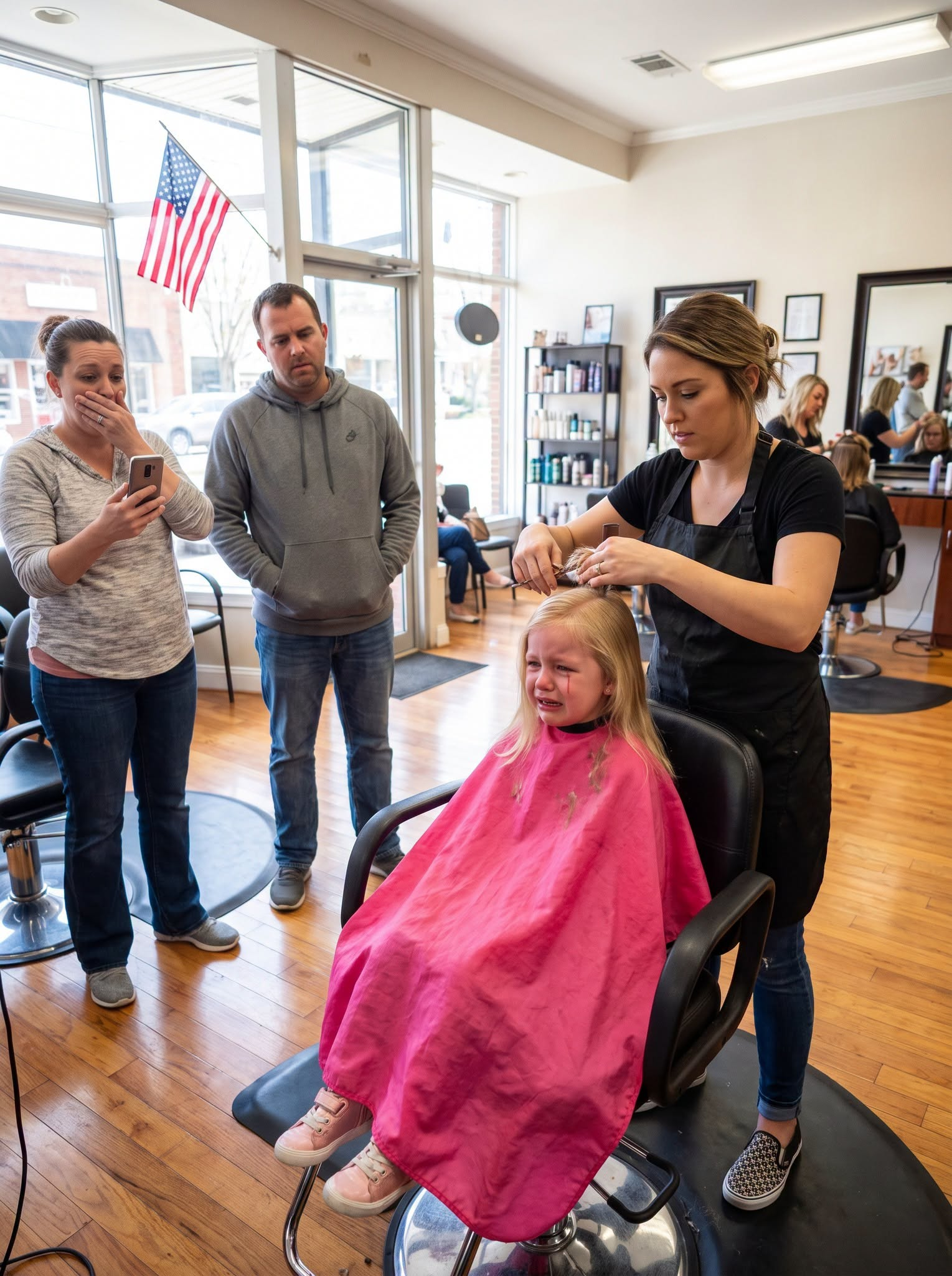 My eight-year-old daughter was smiling beneath a bright-pink salon cape when her stylist suddenly stopped cutting.