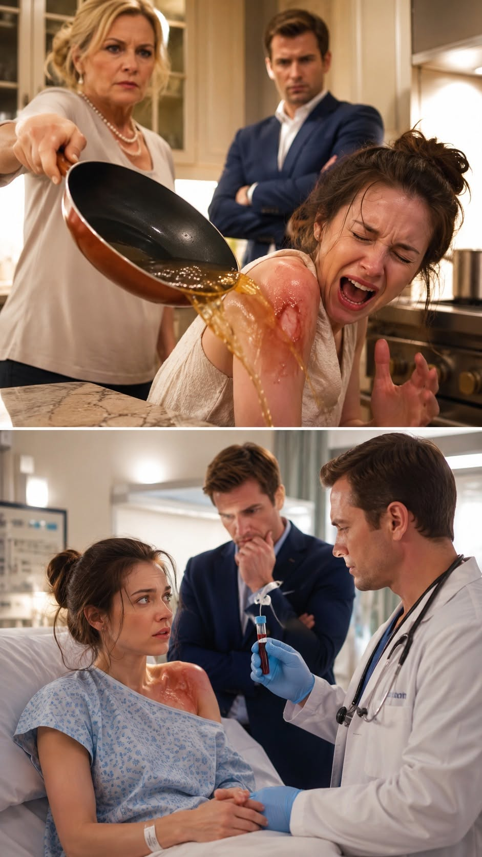 The hot oil struck my shoulder while my husband watched from the doorway.