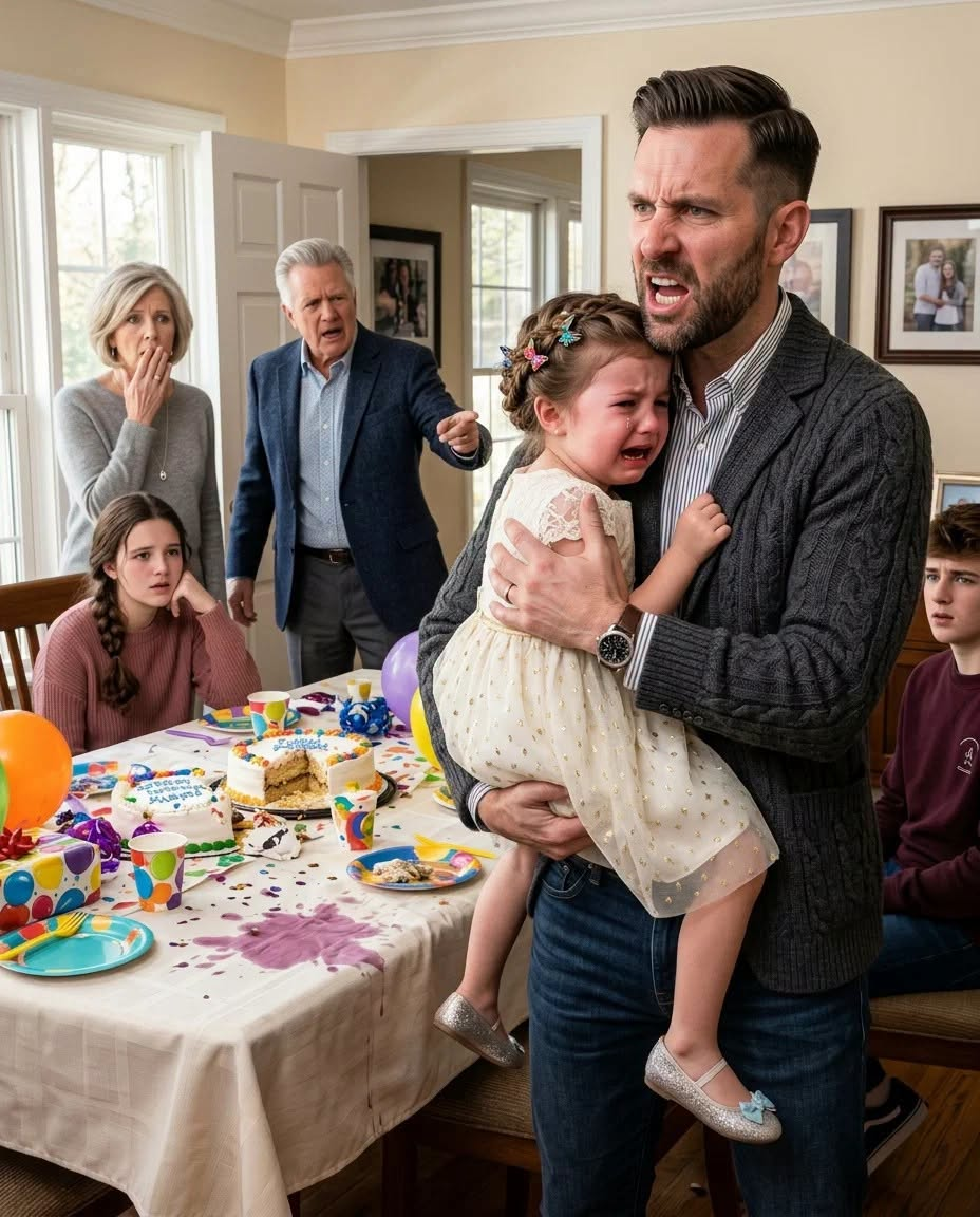 At my husband’s thirty-eighth birthday dinner, his mother grabbed my seven-year-old daughter by the shoulder and pushed her away from the crowded table.