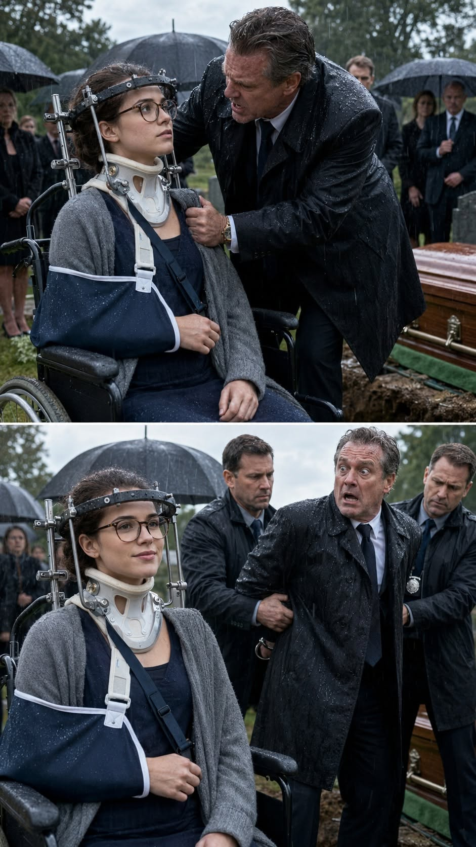 Rain hammered my mother’s coffin while my stepfather shoved my wheelchair toward the open grave.