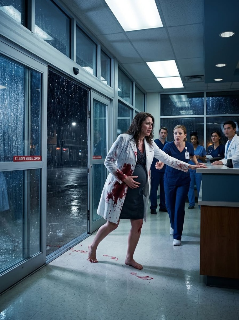 I stumbled into St. Jude’s Medical Center barefoot, pregnant, and bleeding across the polished lobby floor.