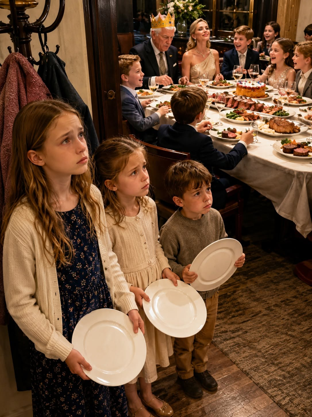 Marguerite blocked my three children from the banquet table while waiters served second portions of prime rib to their cousins.