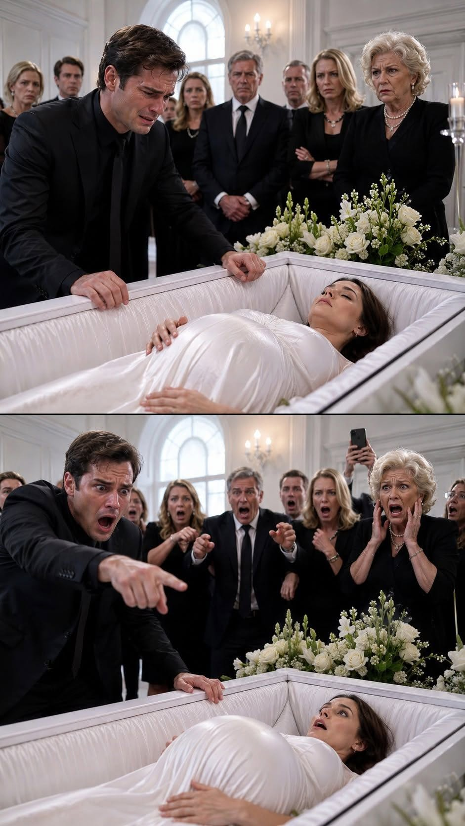 Daniel leaned over the open coffin, his hands trembling above Elena’s motionless body.