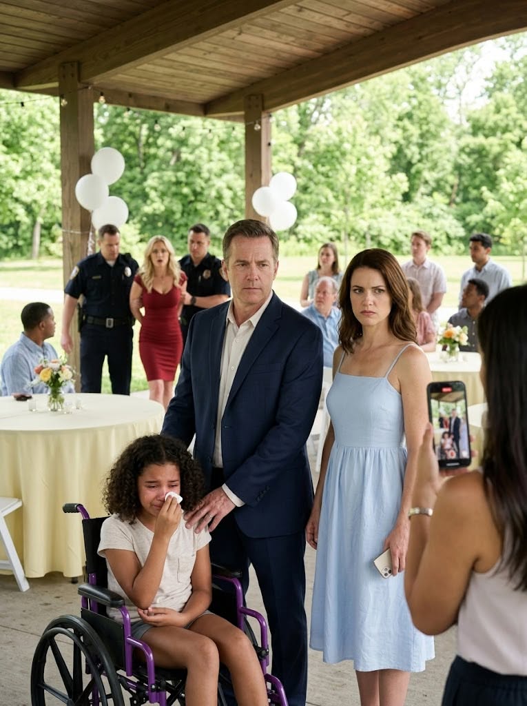 At Marina’s engagement party, seven-year-old Sophia sat in her wheelchair beneath silver star decorations, smiling as guests gathered around her.