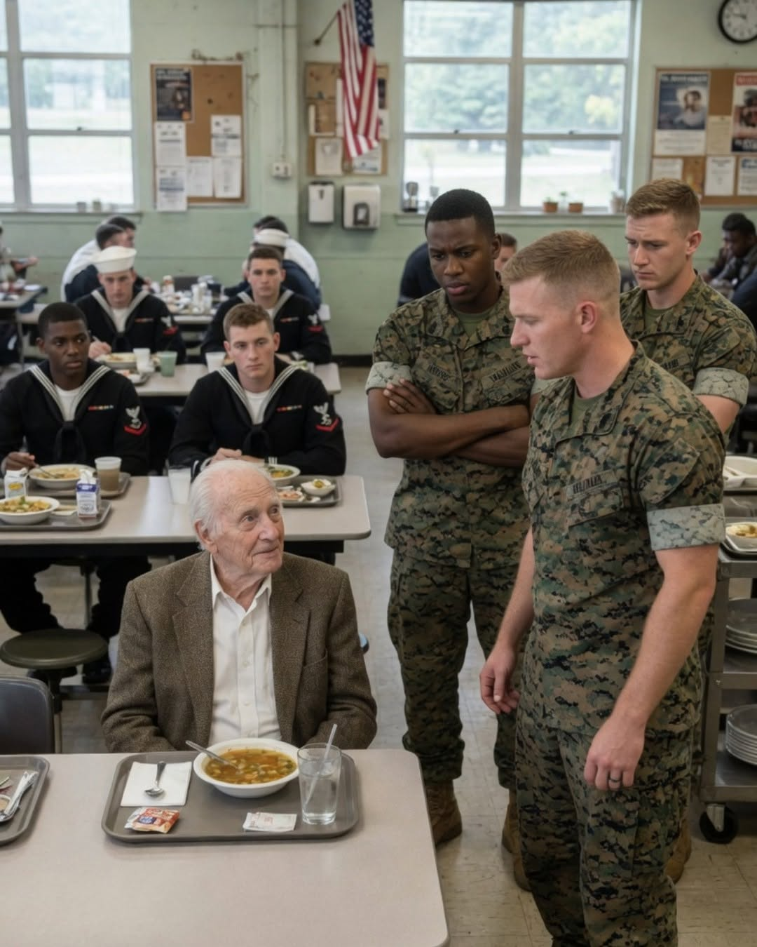 A Navy SEAL slammed his tray onto an old veteran’s table and laughed loudly enough for the entire mess hall to hear.