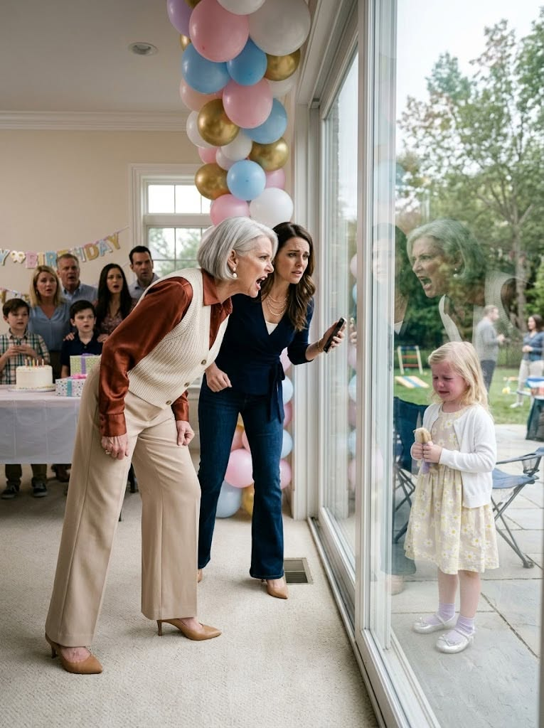 I rushed toward the closed glass doors and found seven-year-old Lily shivering on the patio steps, still clutching the birthday gift she had wrapped the night before.