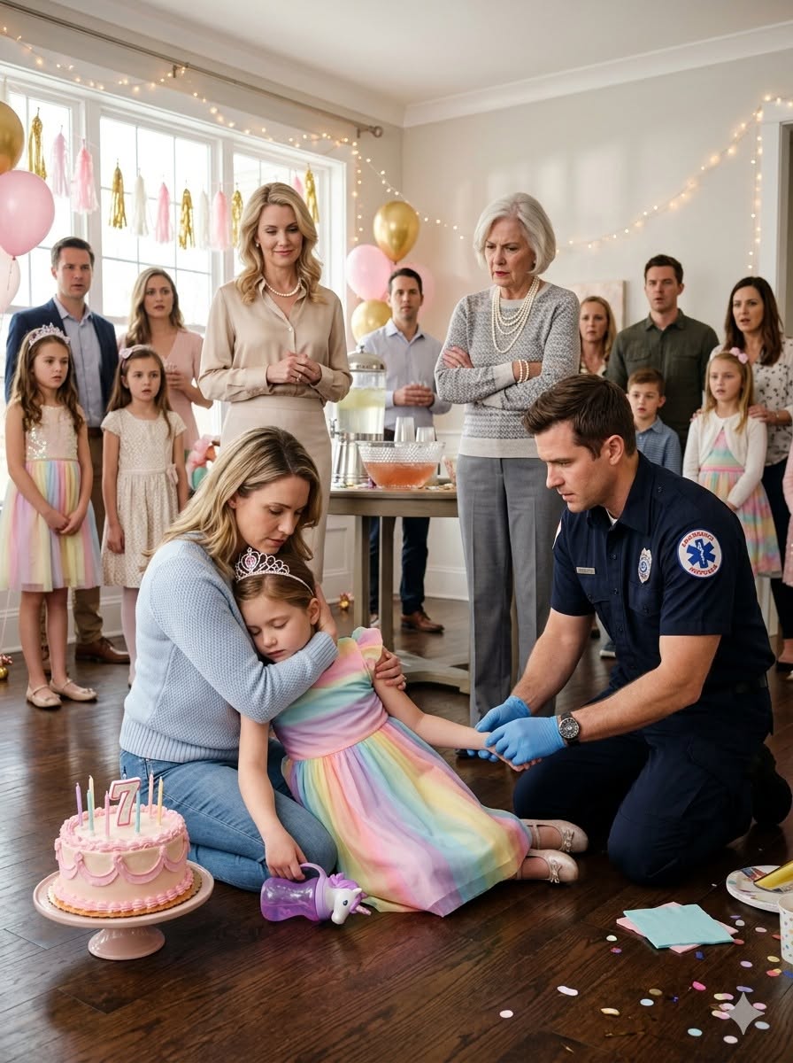 My seven-year-old daughter collapsed beside her birthday cake with a purple unicorn cup still in her hand.