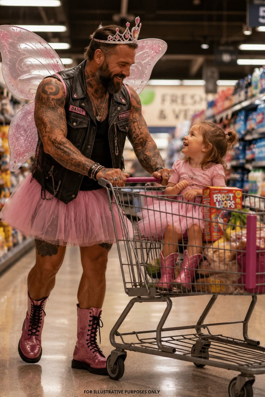 People laughed when six-foot-six biker Troy “Mountain” Bridger walked into Walmart wearing glitter wings, a plastic tiara, and pink boots painted by his three-year-old daughter.