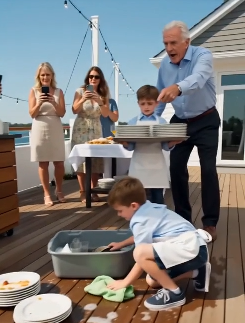 Robert Reed’s voice boomed across the birthday hall while ten-year-old Rebecca cried beneath a stack of dirty plates, eight-year-old Samuel staggered under a heavy tray, and six-year-old Jacob scrubbed the floor as their cousins filmed.