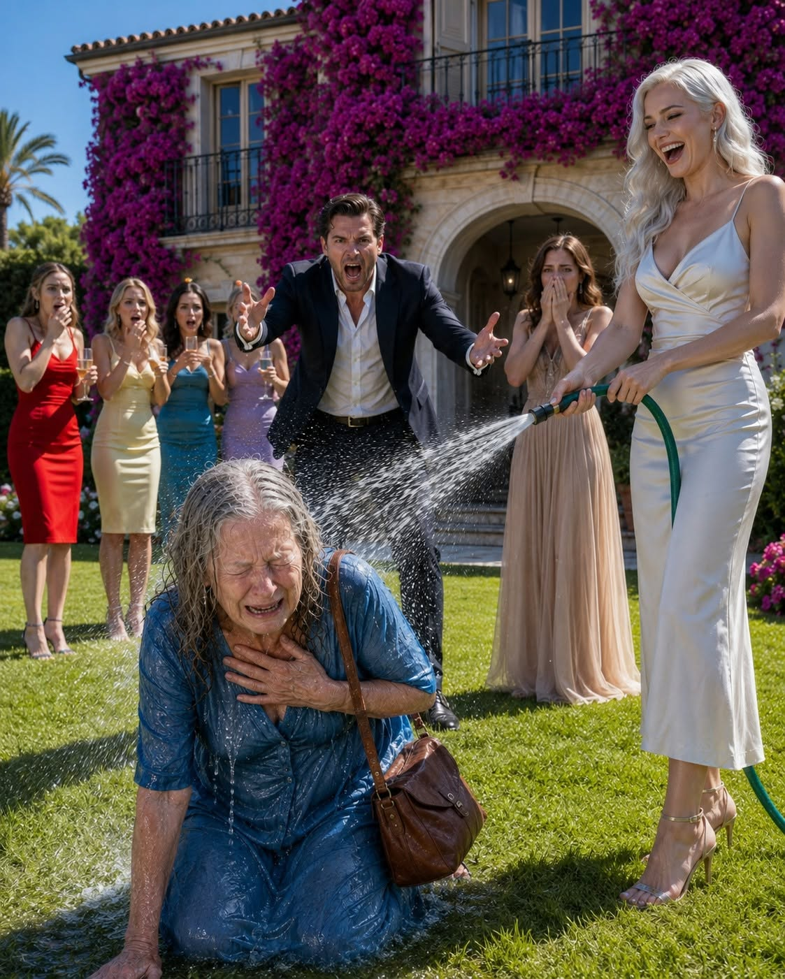 Ashlyn laughed as the garden hose forced Kaleb’s mother onto her knees before thirty elegantly dressed guests.