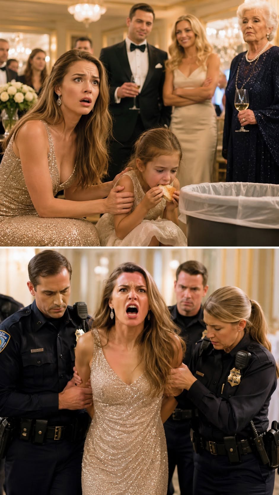 I found my six-year-old daughter kneeling beside a silver trash bin at her grandmother’s seventieth-birthday gala, eating torn bread with both hands.