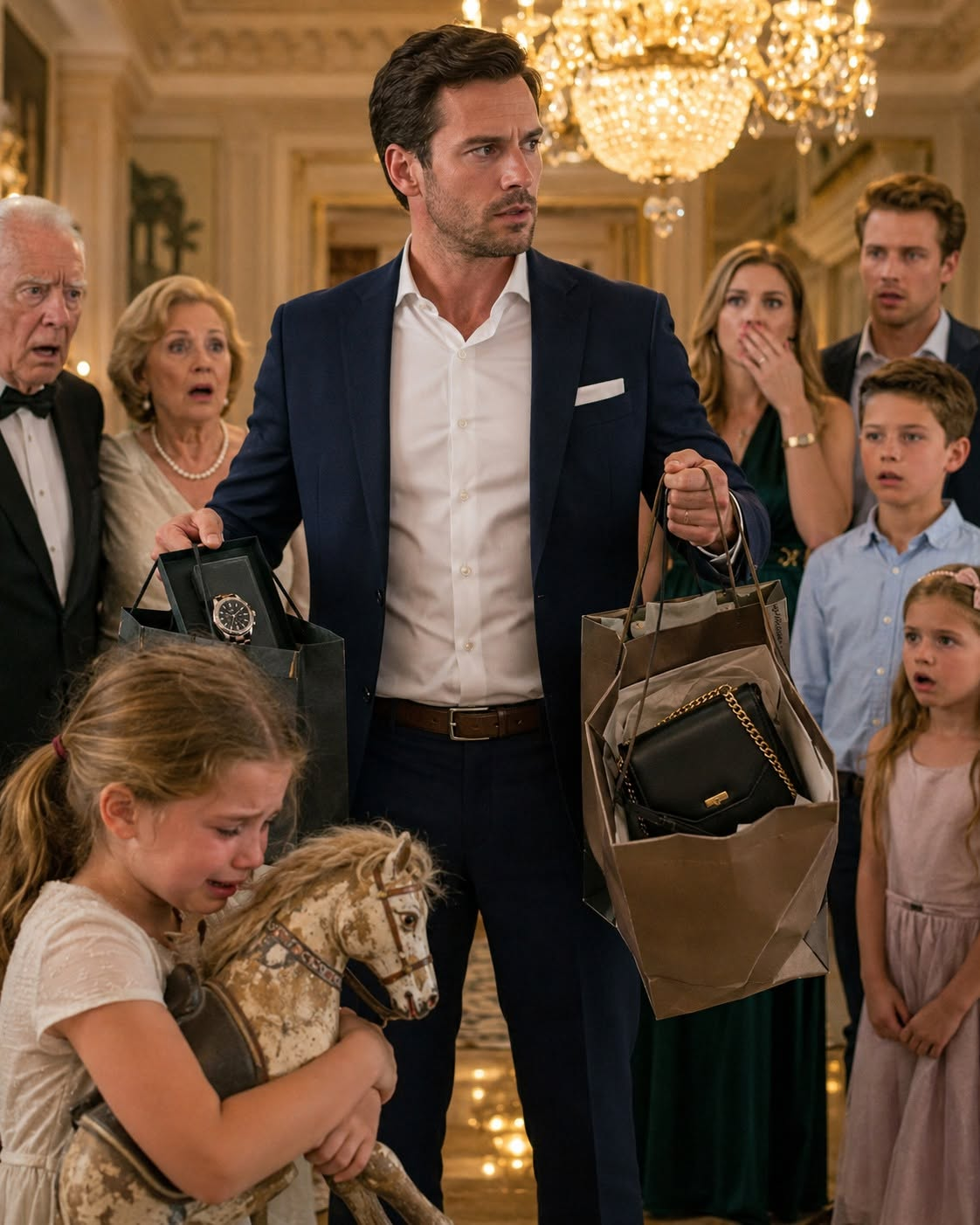 My father pushed a broken toy horse into Emily’s trembling hands while Claire’s children sat beneath a mountain of tablets, designer clothes, and unopened toys.