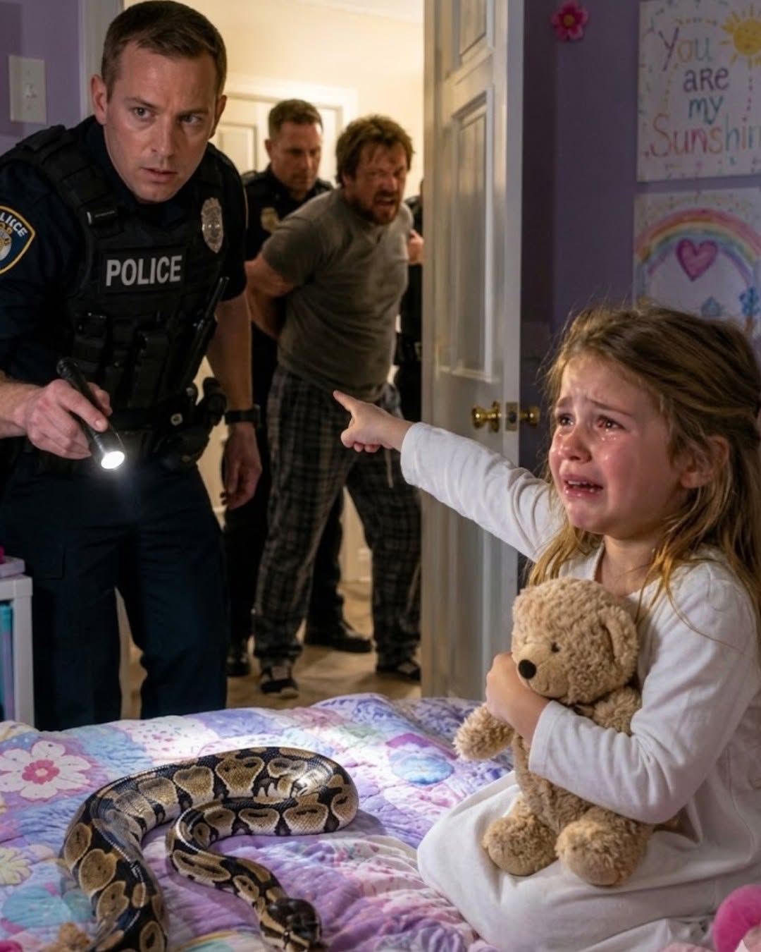 Avery sat rigidly at the edge of her bed, hugging her teddy bear while a massive python remained coiled on the far side of the mattress.