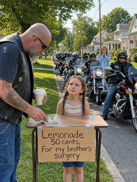 Eight-year-old Emma had nearly stopped asking passing cars to buy lemonade when forty motorcycles rolled onto Maple Street and shut off their engines one by one.
