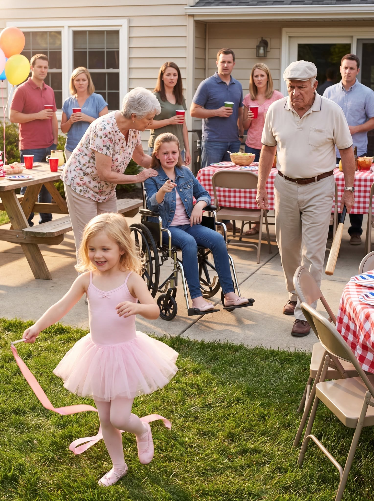 Denise was already dragging five-year-old Lily toward the garage when Jenna lunged between them. Lily’s ballet ribbon twisted around her fist while her grandfather raised a heavy metal tool beside the workbench.