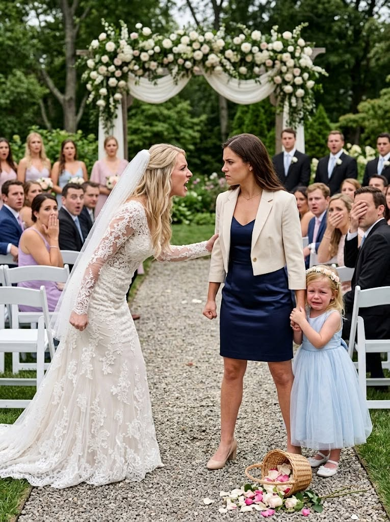 A gust of wind caught Lily’s flower-girl dress, and her heel knocked the basket from her hands. Rose petals scattered across the gravel just as the photographer pressed the shutter.