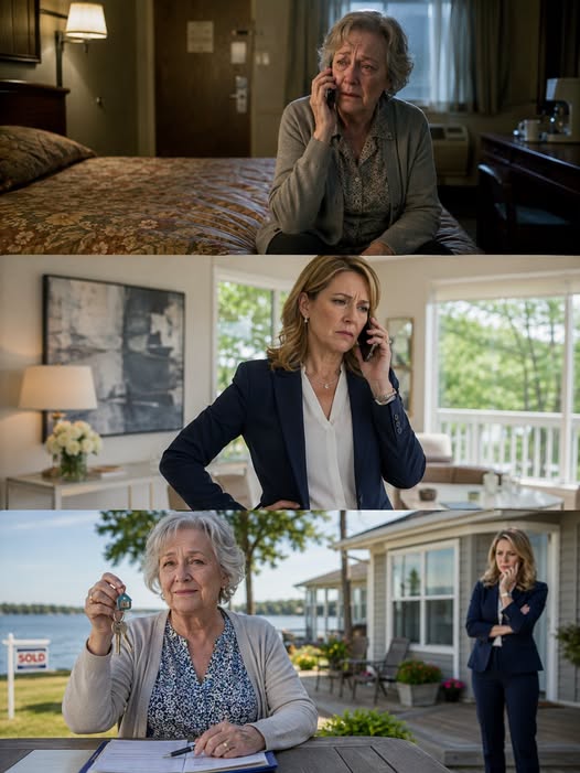 All principal characters are white American and speak with natural American accents. No on-screen text. The video moves logically from Carol being dismissed in a lonely Texas motel to her quietly completing the purchase of a new lakefront home—while Jessica realizes too late that her mother no longer needs her.  Keep the same faces, Carol’s silver hair and soft cardigan, Jessica’s navy business suit, motel room, phone, house keys, property folder, bright Texas lake house, and warm daylight consistent in every shot.  Use restrained cinematic realism: Carol is hurt but composed, Jessica is busy and dismissive, and the final power shift happens through silence rather than shouting. Avoid melodrama, exaggerated crying, or fast movement.  **Character consistency:**  **Carol / Mother:** 71-year-old white American widow with soft silver hair, kind lined face, wearing a gray cardigan over a floral blouse and simple slacks. Vulnerable at first, then quietly decisive.  **Jessica / Daughter:** 44-year-old white American woman with blonde shoulder-length hair, wearing a navy business suit and white blouse. Polished, distracted, practical to the point of coldness.  **Key objects:** Carol’s phone, motel coffee cup, house keys, signed property folder, moving box, small “sold” sign with no readable text.  **Location:** a modest highway motel room in Texas, then a bright lakefront Texas home with a wooden porch, large windows, and calm water visible behind it.  ---  ### Structure the video in 5 shots, around 2 seconds each.  **[0s–2s] Medium close-up:** Carol sits alone on the edge of a motel bed, holding her phone after the call ends. Her coffee sits untouched beside her.  **Character dialogue:** Jessica, through the phone, impatient: “Figure it out yourself, Mom.”  ---  **[2s–4s] Split-location medium shot:** Jessica stands in her polished suburban home, phone at her ear, already distracted by work. Carol lowers her phone in the motel room, absorbing the words.  **Character dialogue:** Carol, barely above a whisper: “All right.”  ---  **[4s–6s] Close-up:** Carol opens a property folder on the motel desk. She studies the signed pages, then reaches for a ring of new house keys.  **Character dialogue:** No dialogue. Only the soft click of keys and motel room ambience.  ---  **[6s–8s] Wide shot:** Carol stands outside a bright Texas lake house, holding the keys in one hand. A moving box sits near the porch while sunlight reflects off the water.  **Character dialogue:** Carol, quietly to herself: “I figured it out.”  ---  **[8s–10s] Close-up push-in:** Jessica arrives near the driveway, stunned to see Carol standing confidently in front of the new home with the property folder. Carol does not rush to explain.  **Character dialogue:** Jessica, unsettled: “Mom… you bought this?” Carol, calm: “You told me to handle it.”  **Slug:** *My Daughter Told Me to Figure It Out Alone—So I Bought a Texas Home and Stopped Waiting for Her*