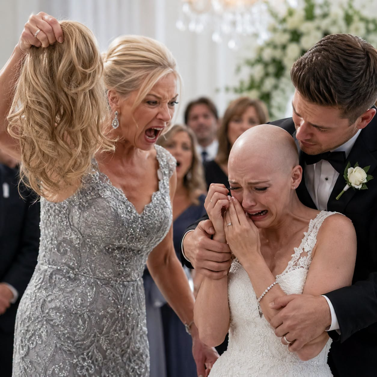 On my wedding day, my mother-in-law stormed down the aisle, seized my blonde wig, and ripped it from my head in front of three hundred guests.