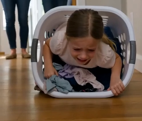 My four-year-old daughter was struggling beneath a laundry basket overflowing with dirty underwear while her cousins laughed behind her.