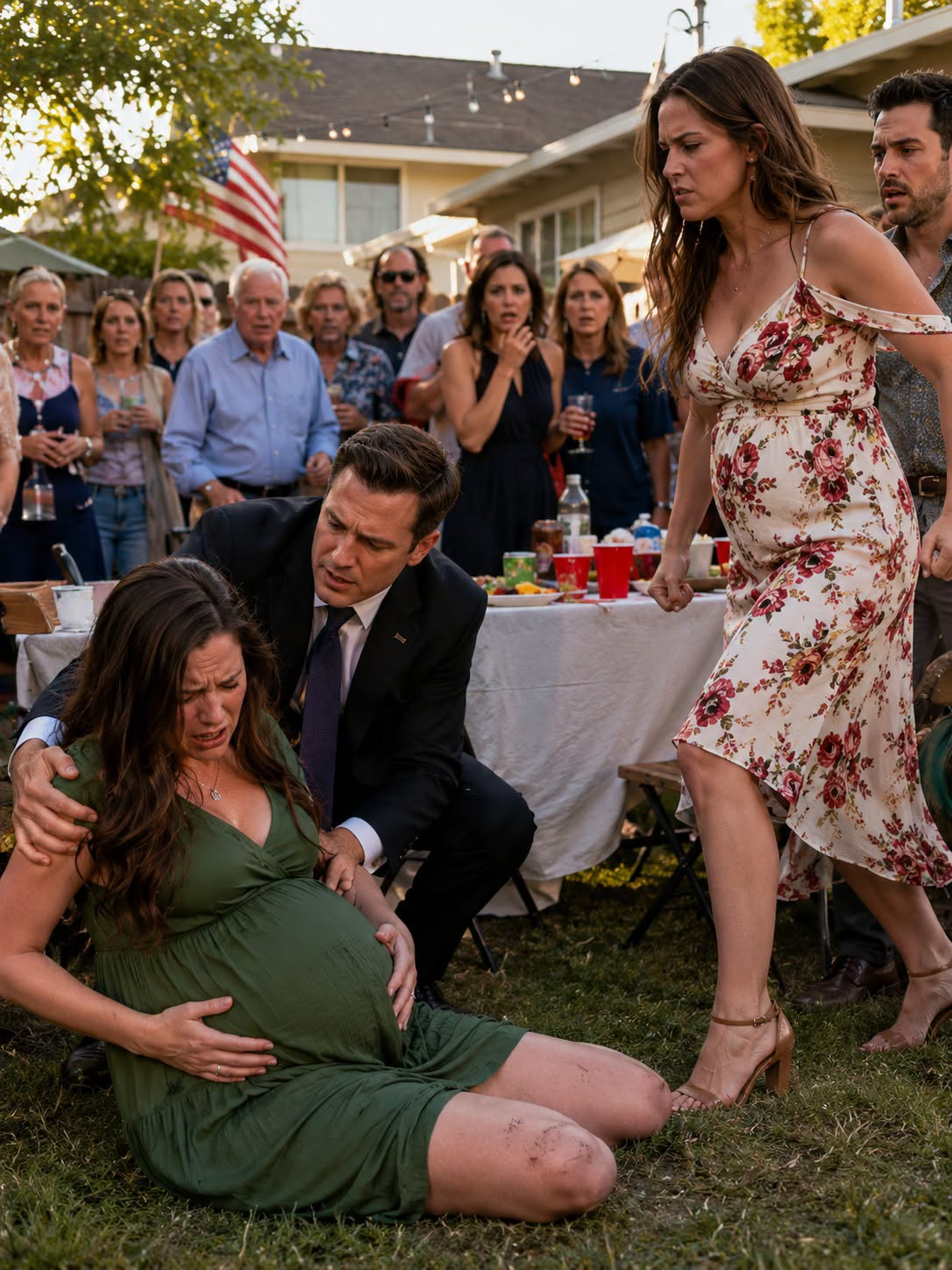 Her hand struck the curve of my six-month pregnancy, and I dropped to my knees as my plate shattered across the patio.