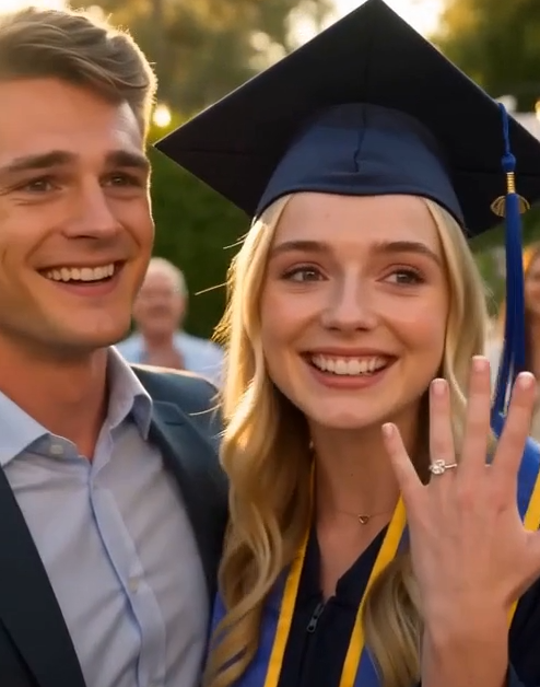 I raised my left hand beneath the graduation lights, the small engagement ring trembling with me.