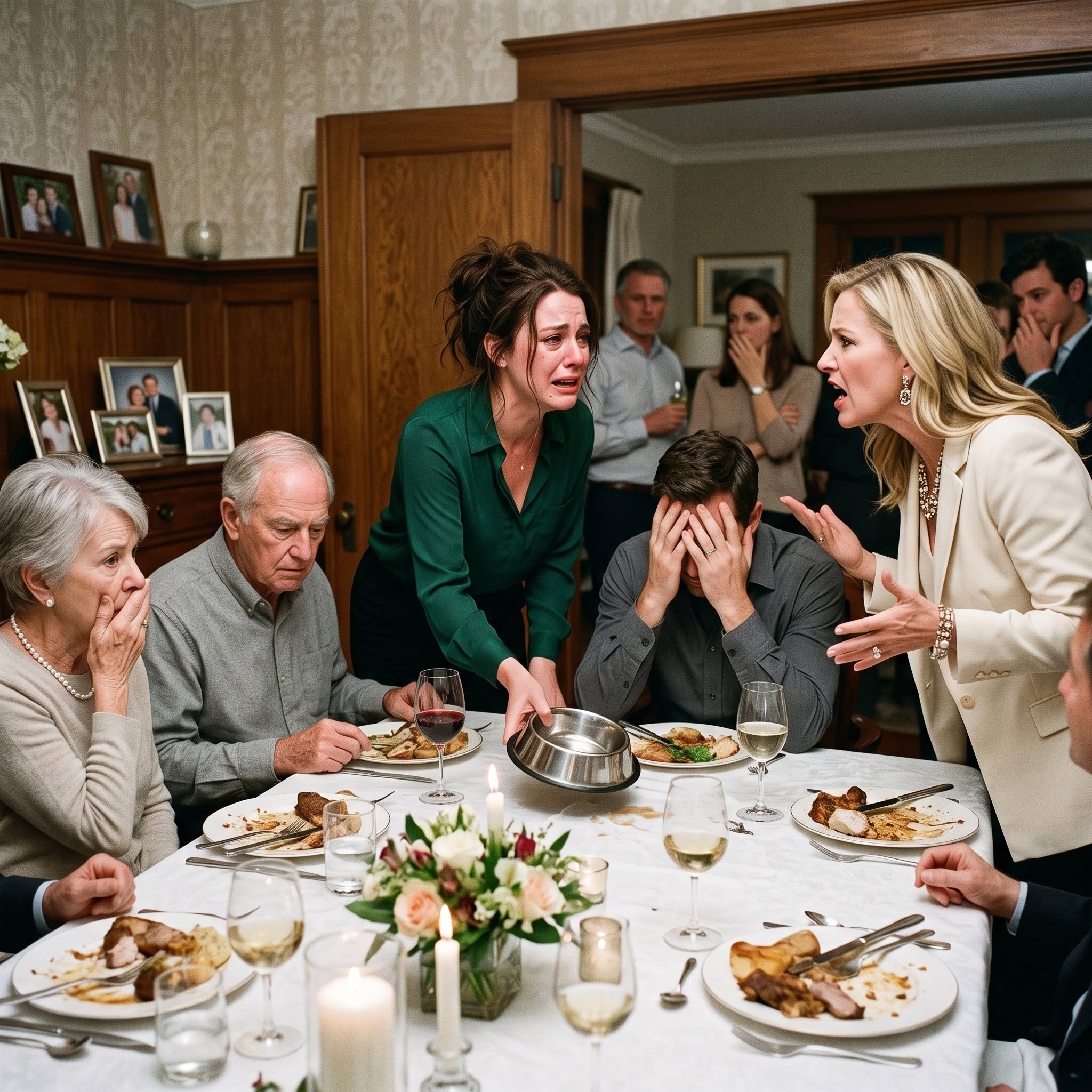 Vanessa slammed a stainless-steel dog bowl in front of my dinner plate while laughter erupted around the table.
