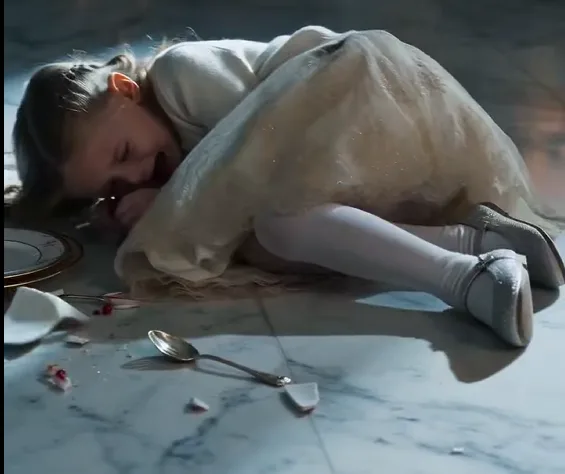 Osric violently shoves Evelina from her chair at the Christmas table. She crashes onto the marble floor, her plate falls beside her, and she curls inward in shock.