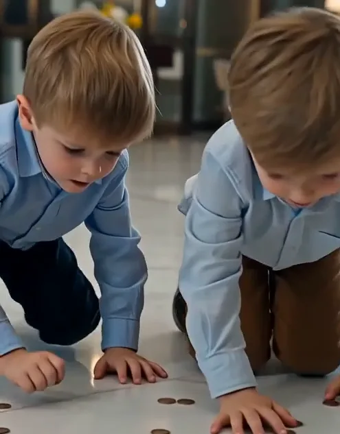 Regina violently knocks a small cup of coins from Theo’s hands beside the hotel café table. Coins scatter across the marble as both twin boys drop to their knees trying to collect them.