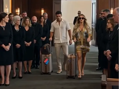 Emilio and Clarissa walk into the private Mafia funeral pulling matching travel suitcases while the service is already underway. A tropical airline tag swings visibly from Emilio’s luggage as every mourner turns toward them.