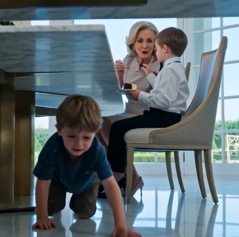 My suitcase hit the marble before I understood the child crawling beneath the dining table was my son.