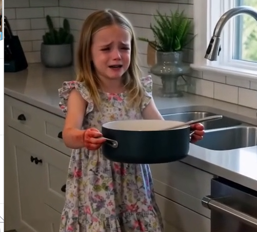 Chloe’s red little hands were trembling around a heavy serving dish when Alex appeared in the kitchen doorway.