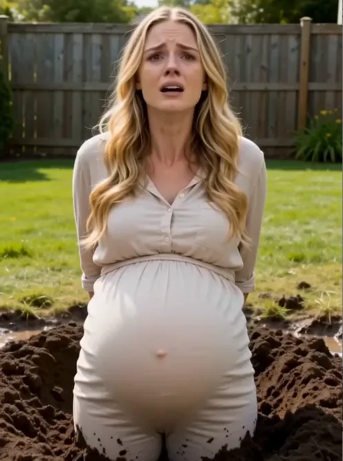 The Husband dumps a pitcher of muddy water over his pregnant wife while she remains trapped upright in the backyard soil. Water runs across her face, she gasps and shields her breathing as much as possible, and her expression tightens with fear for her baby.