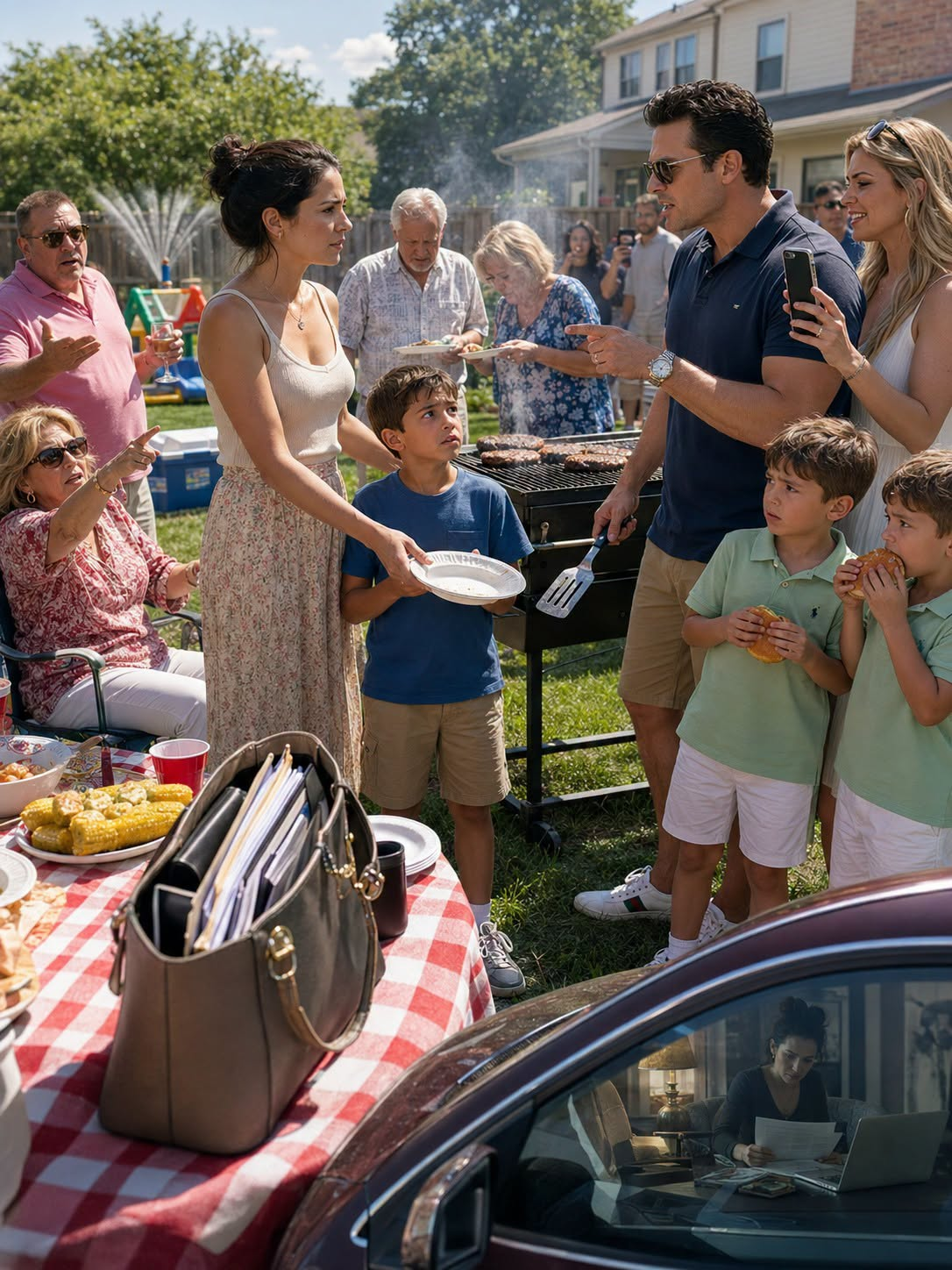 Daniel stood beside the grill holding an empty plate while my brother pointed at him and smiled.