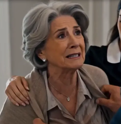 Selene dumps the entire bucket of filthy mop water over Adelaide. Dirty water crashes across the elderly woman, she loses her footing, and Clara immediately catches her before she falls.