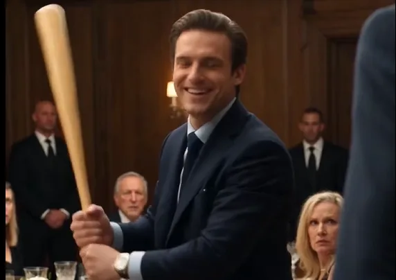 Brandon raises the wooden bat over Jamie beside the long family table and smashes it violently into the tabletop inches from him. Jamie drops to the floor, covering his head while Victor watches without intervening.