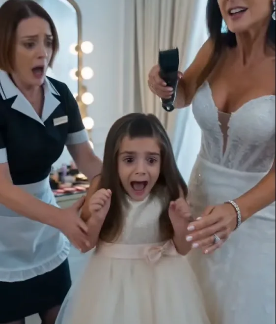 Bianca forcefully runs the electric clippers across one side of Livia’s hair inside the bridal dressing room. A thick section falls onto the floor, Livia recoils in shock, and Rosalie immediately moves toward the crying child.