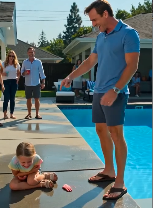 The Uncle deliberately stomped down on the Daughter’s hand beside the swimming pool.