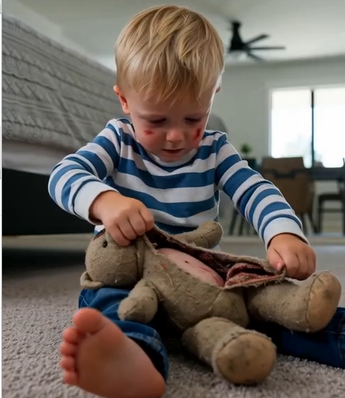 Ethan tears open his old rag doll and pulls a plastic-wrapped bundle from its stomach.
