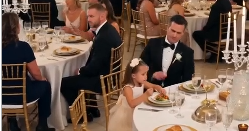 The Grandmother violently kicks the Daughter’s chair backward while the little girl is seated at the wedding banquet.