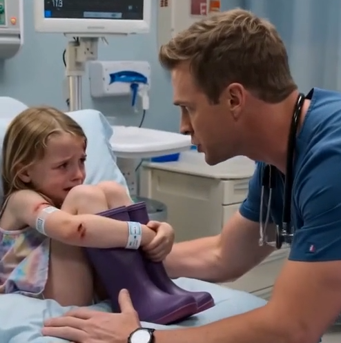 Lily Carter was kicking both purple rain boots against the hospital bed so violently that the rails shook.
