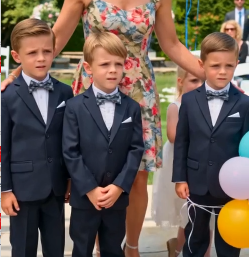 The three children raced down the wedding aisle after a drifting blue balloon.