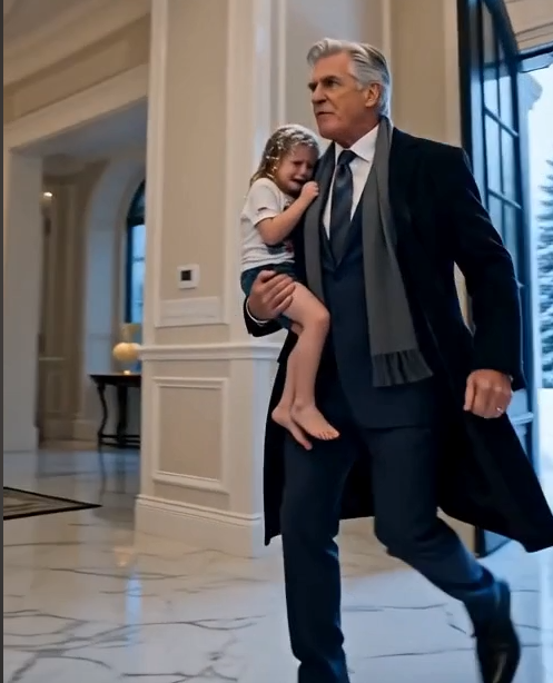 Richard rushes inside carrying three-year-old Lily, barefoot, shaking, and covered in snow.